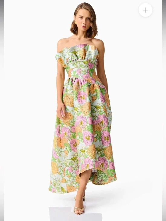 elliatt laurel green floral jacquard strapless ruffle maxi gown dress medium NEW - Picture 5 of 17